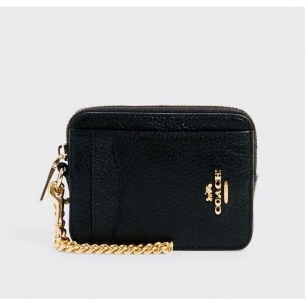 COACH SAFFIANO LEATHER ZIP WALLET- BLACK-GOLD